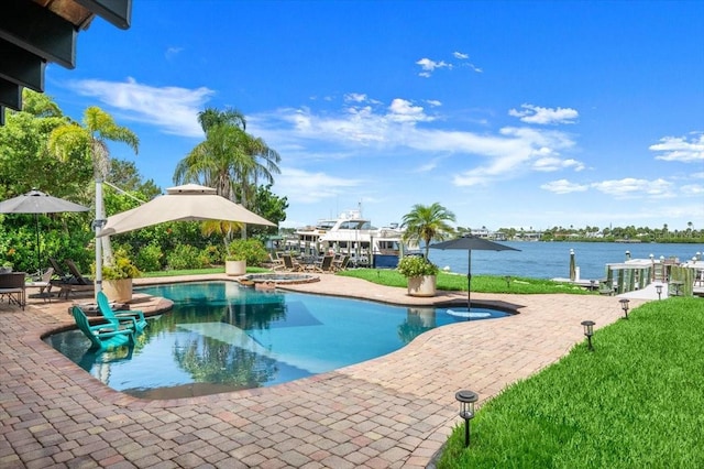 206 Canova Dr, New Smyrna Beach, FL 32169 - outdoor pool featuring a patio area, an in-ground hot tub, a gazebo, and a water view