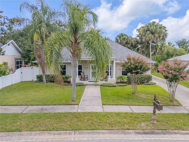 527 Old Minorcan Trl, New Smyrna Beach, FL 32168 - view of property hidden behind natural elements with stucco siding, a porch, roof with shingles, and a gate