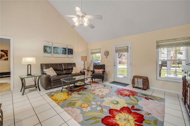 527 Old Minorcan Trl, New Smyrna Beach, FL 32168 - living area featuring high vaulted ceiling, tile patterned floors, and ceiling fan