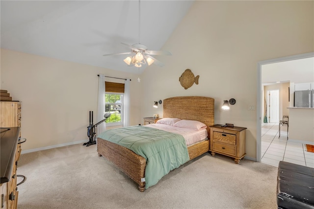 527 Old Minorcan Trl, New Smyrna Beach, FL 32168 - bedroom featuring refrigerator, light carpet, high vaulted ceiling, and a ceiling fan