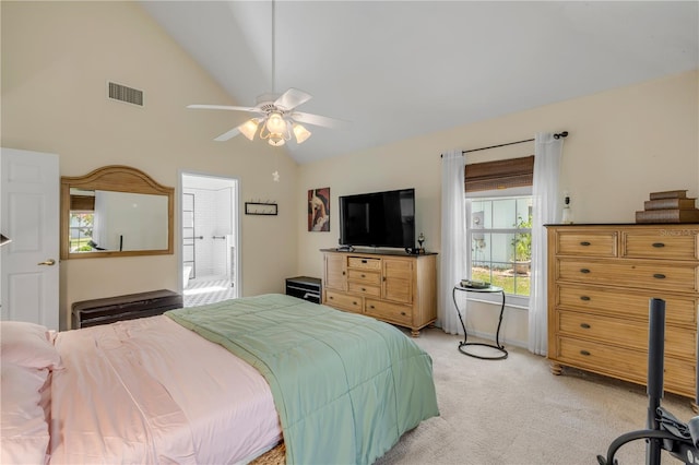 527 Old Minorcan Trl, New Smyrna Beach, FL 32168 - bedroom with light carpet, connected bathroom, a ceiling fan, and high vaulted ceiling