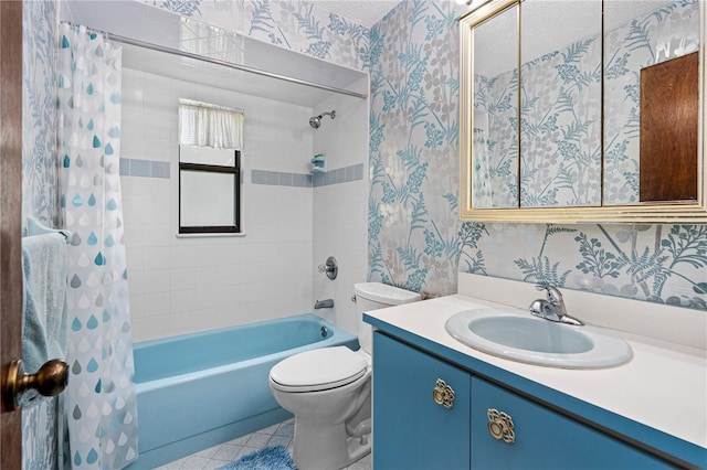 bathroom featuring wallpapered walls, shower / bathtub combination with curtain, vanity, and tile patterned flooring