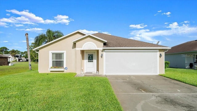 318 Two Oaks Dr, Edgewater, FL 32141 - ranch-style home with concrete driveway, a front yard, a garage, and stucco siding