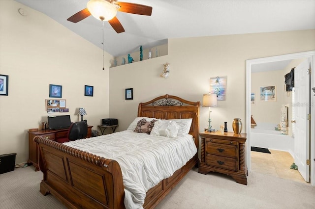 318 Two Oaks Dr, Edgewater, FL 32141 - bedroom featuring light carpet, vaulted ceiling, a ceiling fan, and ensuite bath