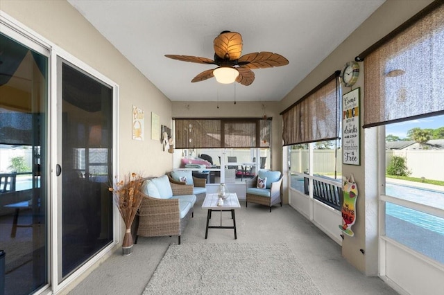 318 Two Oaks Dr, Edgewater, FL 32141 - sunroom / solarium featuring ceiling fan and outdoor lounge area