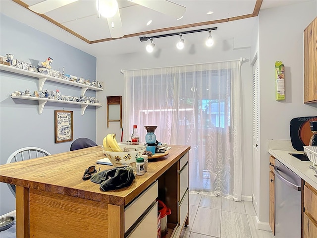 44 Fore Dr, New Smyrna Beach, FL 32168 - kitchen featuring dishwasher, butcher block counters, a ceiling fan, open shelves, and light tile patterned floors