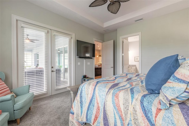 2931 Bella Flore Ter, New Smyrna Beach, FL 32168 - bedroom featuring access to outside, carpet, a ceiling fan, and ensuite bathroom
