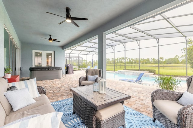 2931 Bella Flore Ter, New Smyrna Beach, FL 32168 - view of patio featuring outdoor lounge area, ceiling fan, a hot tub, and an outdoor pool