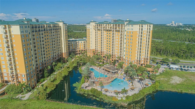 aerial view featuring a water view