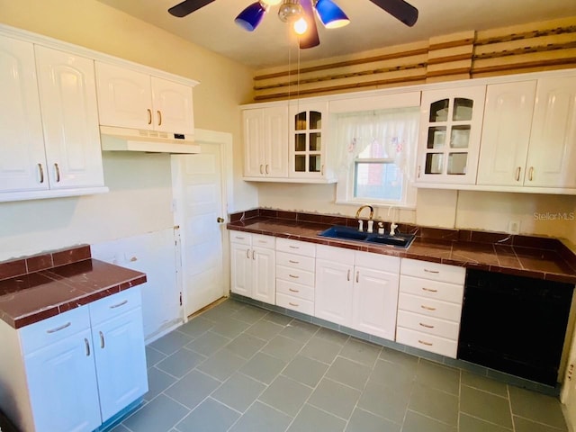 kitchen with sink, white cabinets, ceiling fan, and dishwasher