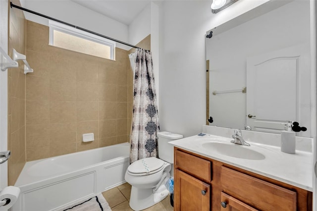 full bathroom featuring toilet, shower / bath combination with curtain, tile patterned floors, and vanity