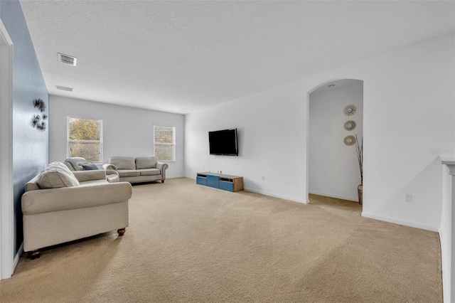 carpeted living room with a textured ceiling