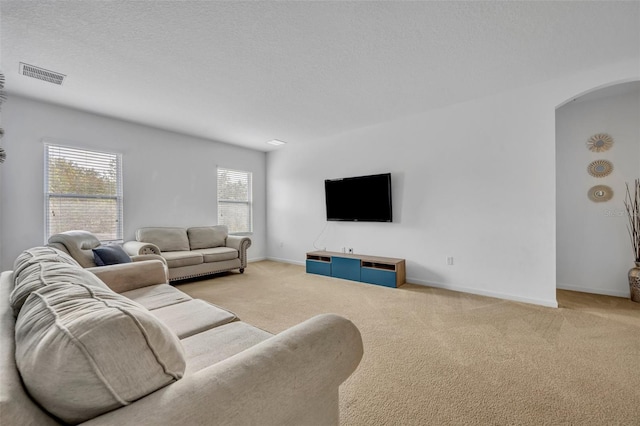 living room with light carpet and a textured ceiling