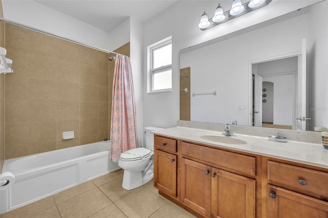 full bathroom with toilet, vanity, shower / tub combo with curtain, and tile patterned flooring