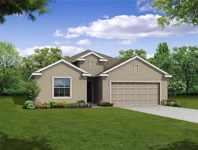 view of front of property with a front lawn and a garage