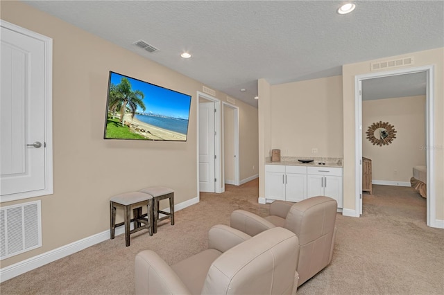 carpeted living room featuring a textured ceiling