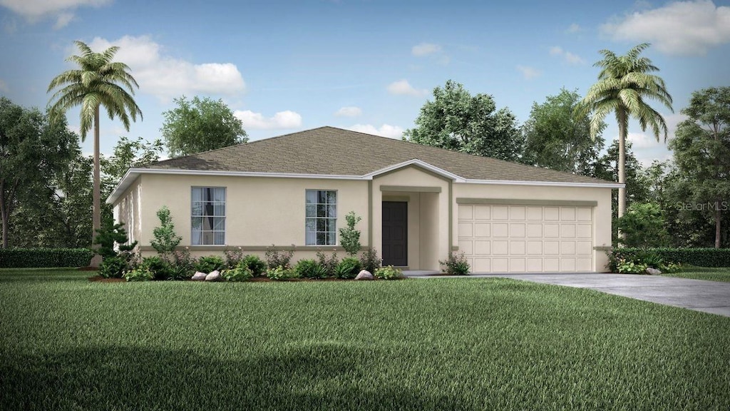 ranch-style home with stucco siding, driveway, a garage, and a front yard