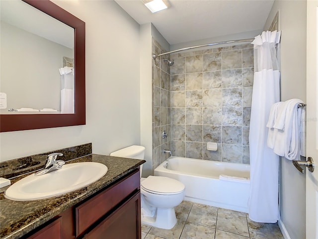 full bathroom featuring tile flooring, toilet, shower / bath combo, and large vanity