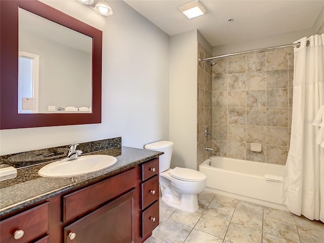 full bathroom featuring tile floors, shower / tub combo, toilet, and vanity