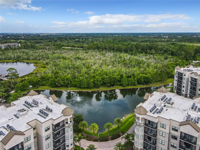 drone / aerial view with a water view