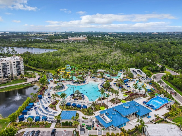 drone / aerial view with a water view