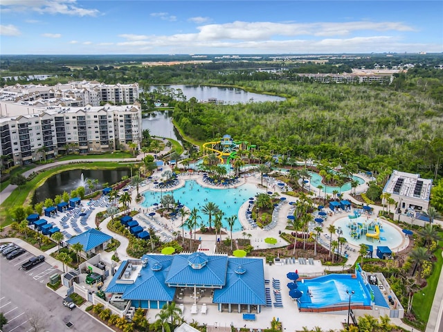 aerial view featuring a water view