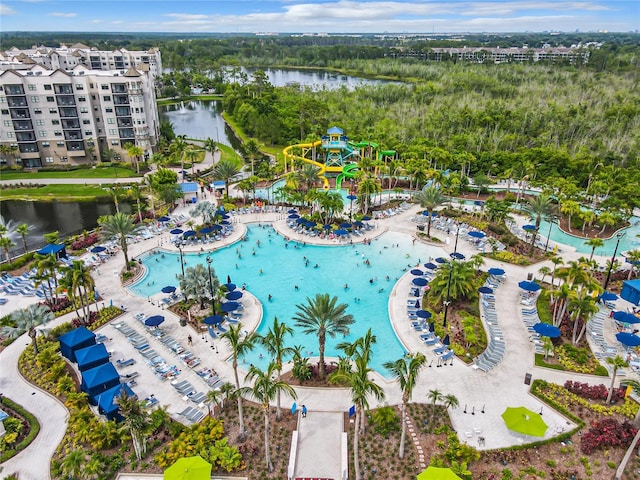 drone / aerial view with a water view