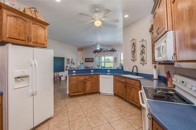 kitchen featuring light tile floors, ceiling fan, kitchen peninsula, white appliances, and sink