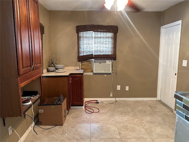 office featuring light tile patterned flooring, ceiling fan, and cooling unit