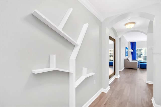 hall with wood-type flooring and crown molding