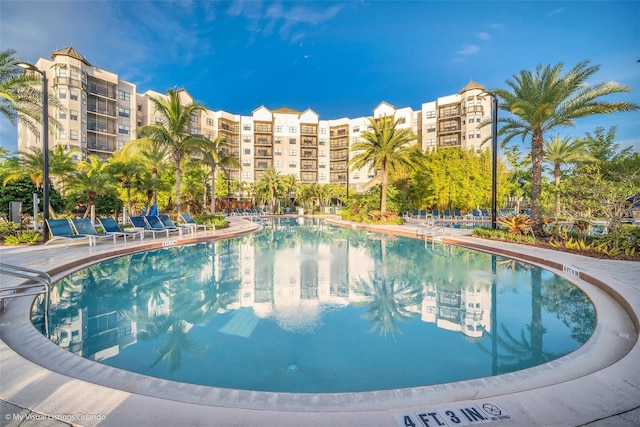 view of swimming pool featuring a patio area