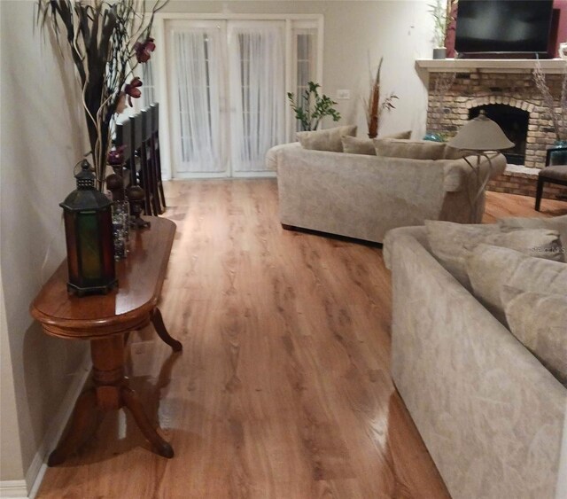 living room with a fireplace and light hardwood / wood-style flooring