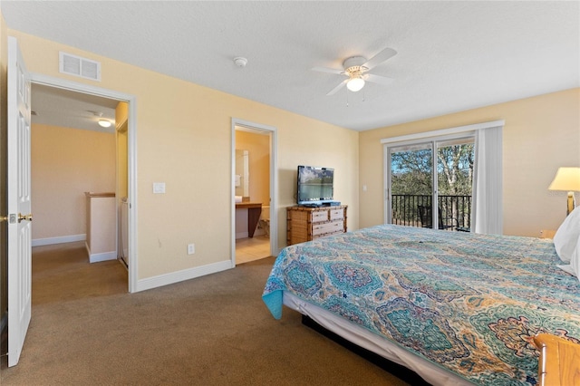 bedroom featuring light carpet, access to exterior, ceiling fan, and ensuite bathroom