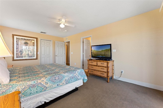 bedroom featuring carpet floors, ceiling fan, and a closet