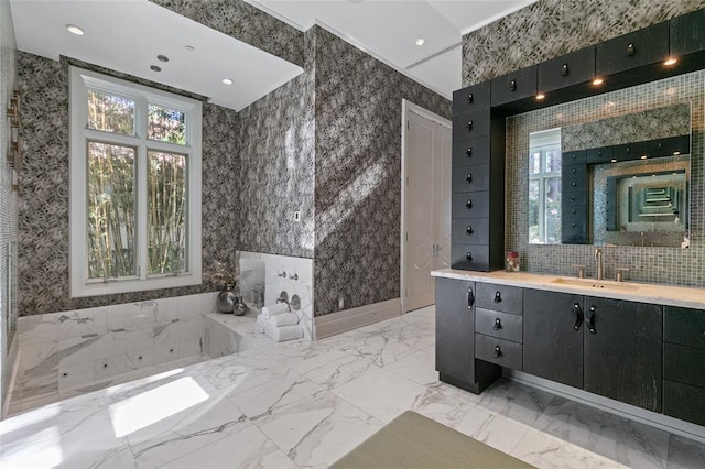 bathroom with tile walls, tile flooring, and vanity