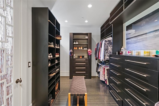 walk in closet featuring dark wood-type flooring