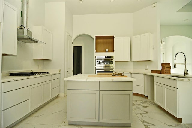 kitchen with a kitchen island, ventilation hood, sink, light stone counters, and stainless steel appliances