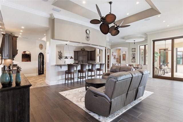 living room with ceiling fan, ornamental molding, hardwood / wood-style floors, a raised ceiling, and sink