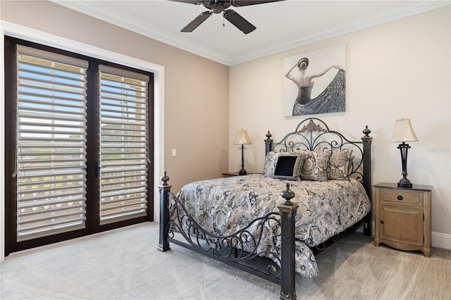 bedroom featuring light carpet, ceiling fan, and crown molding