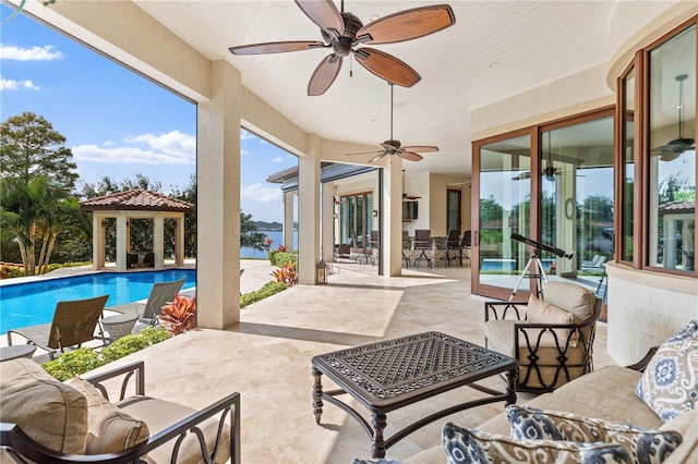 exterior space featuring a patio, a gazebo, and ceiling fan