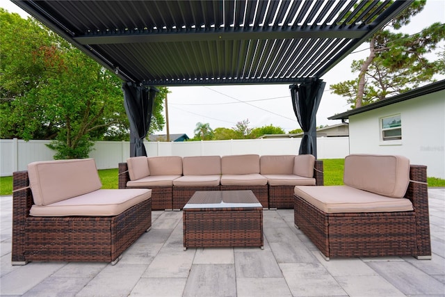 view of patio / terrace featuring a pergola and outdoor lounge area