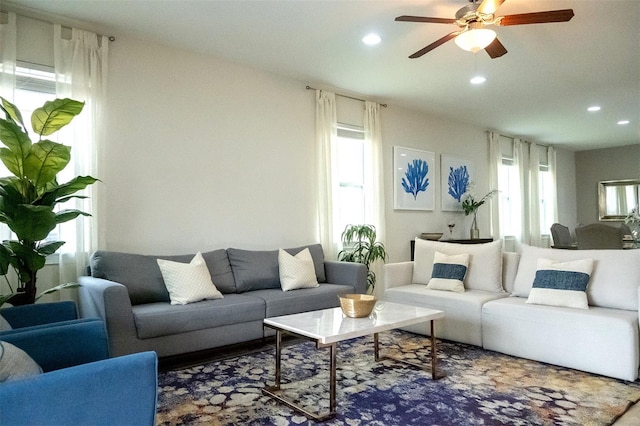 living room with ceiling fan