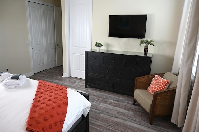 bedroom featuring dark hardwood / wood-style flooring and a closet