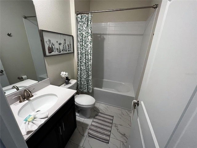 full bathroom featuring shower / tub combo, tile flooring, vanity with extensive cabinet space, and toilet