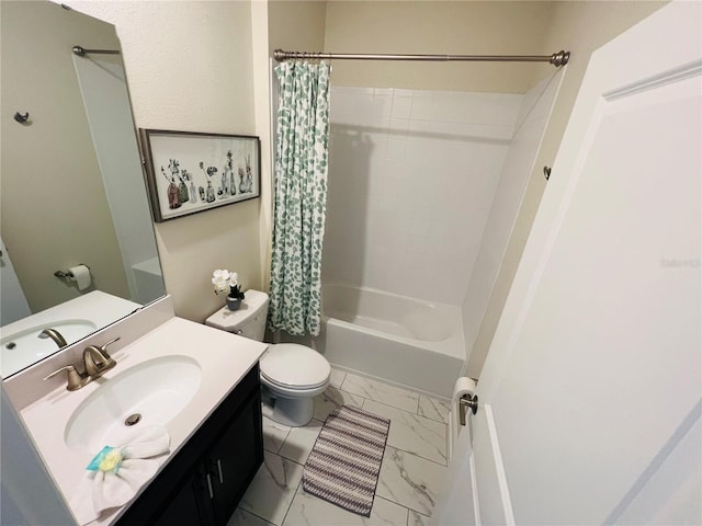 full bathroom with shower / bath combo, toilet, vanity, and tile flooring