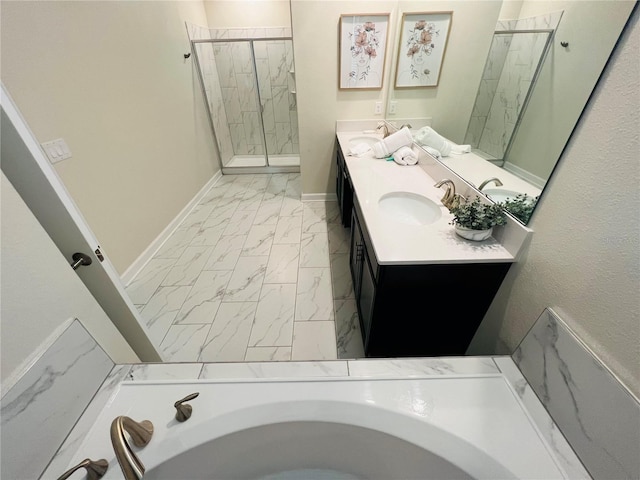 bathroom with double sink, a bath to relax in, tile floors, and large vanity