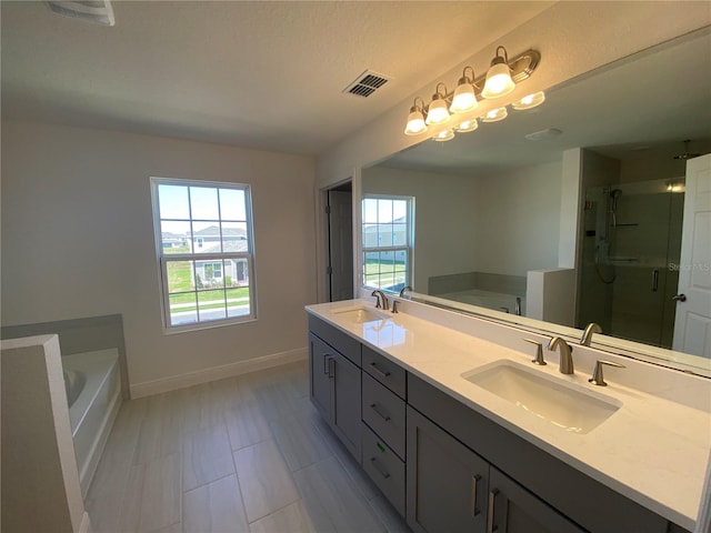 bathroom with independent shower and bath and vanity