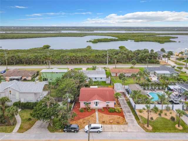 drone / aerial view featuring a water view