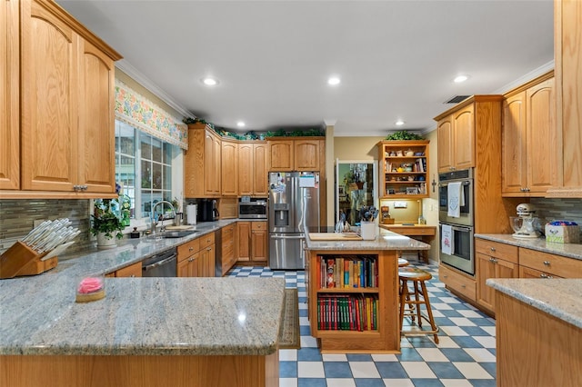 kitchen with a kitchen bar, tasteful backsplash, stainless steel appliances, and light tile floors