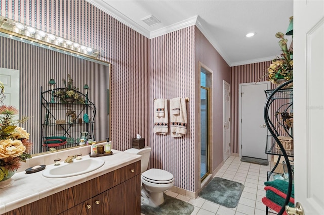 bathroom with toilet, a shower with door, vanity, crown molding, and tile flooring